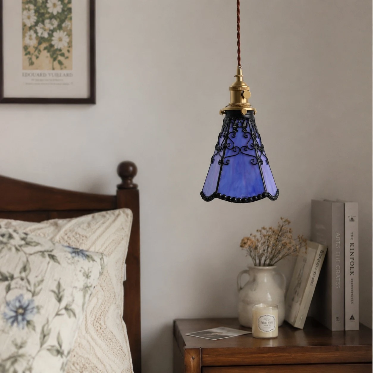 gradient purple pendant bedroom scene