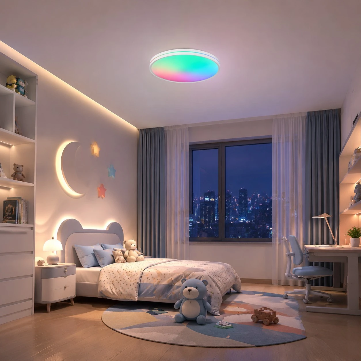 Ceiling lamp with soft rainbow glow in a kids bedroom