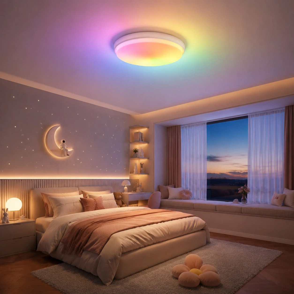 Round ceiling lamp with warm rainbow glow over a bed