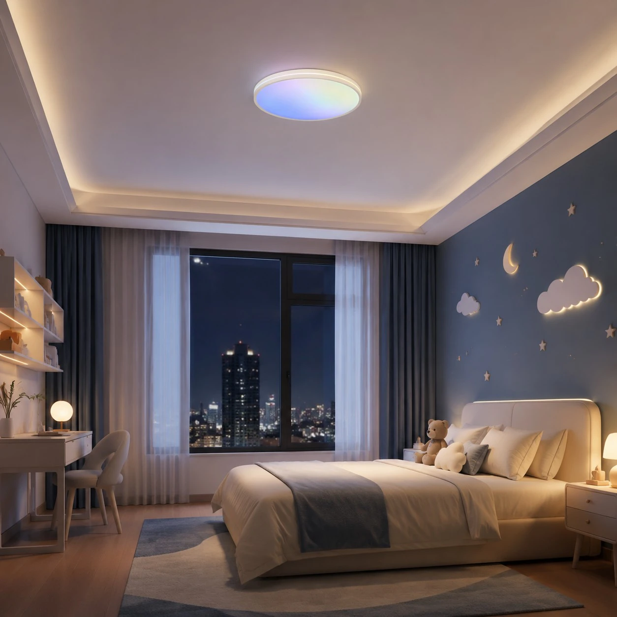 Round ceiling light installed above a calm bedroom