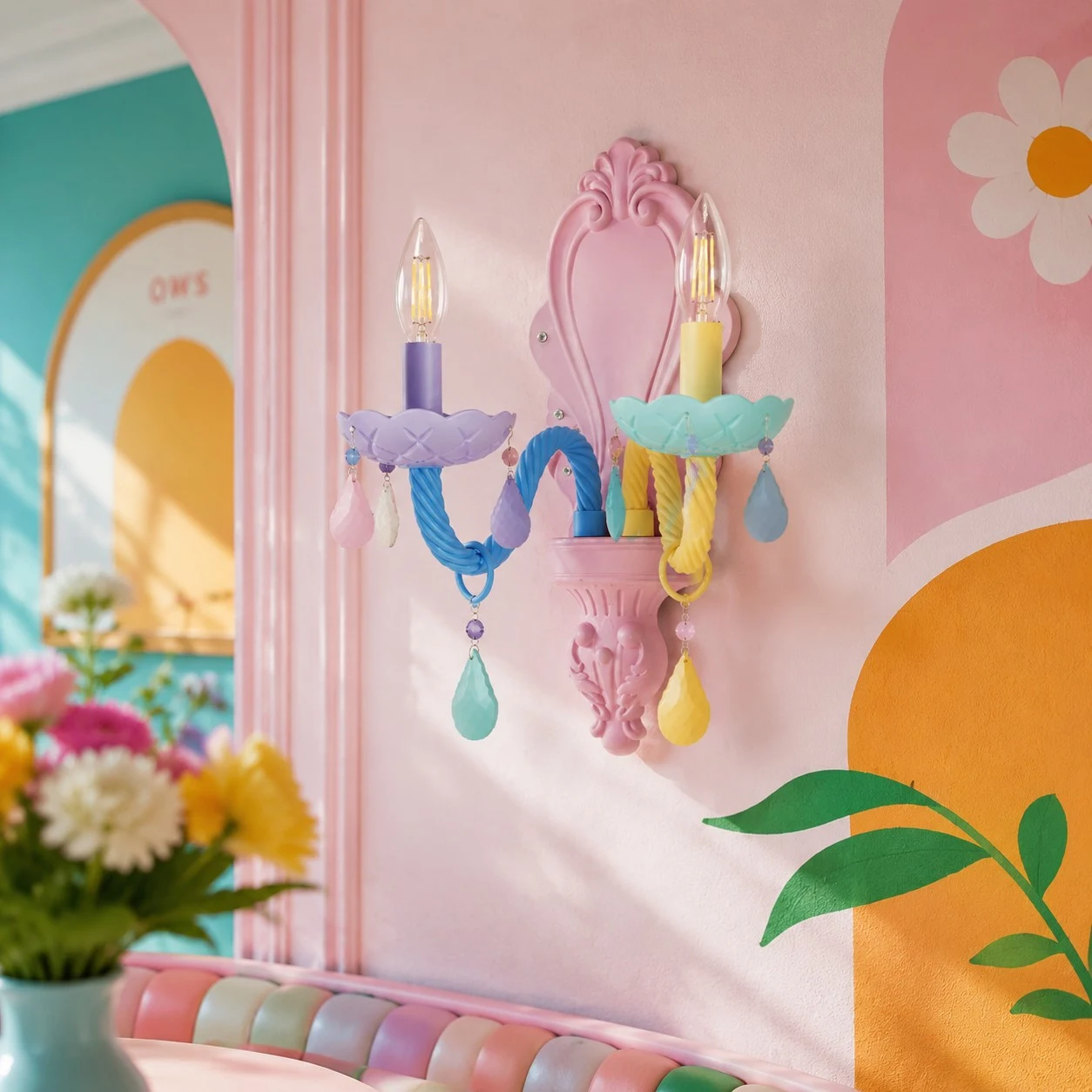 two-head colorful wall sconce in a pastel children room