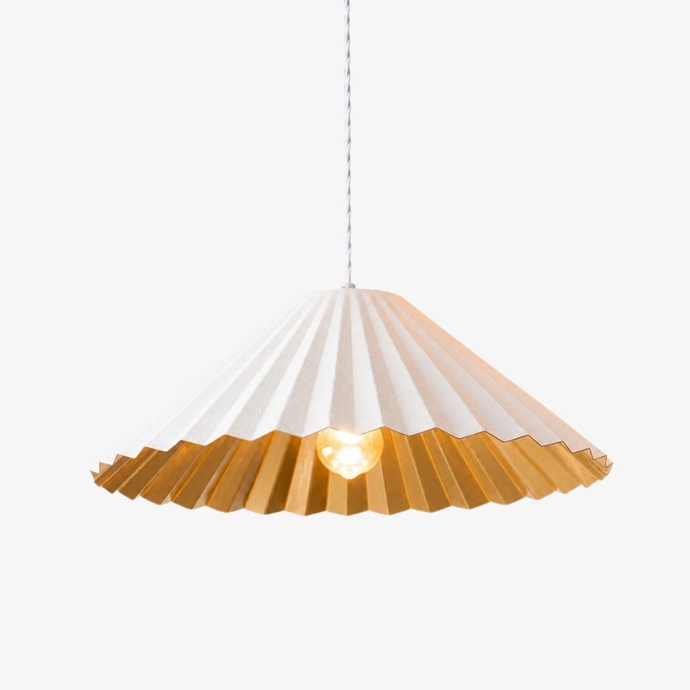 White pleated metal dome pendant lamp with warm gold interior