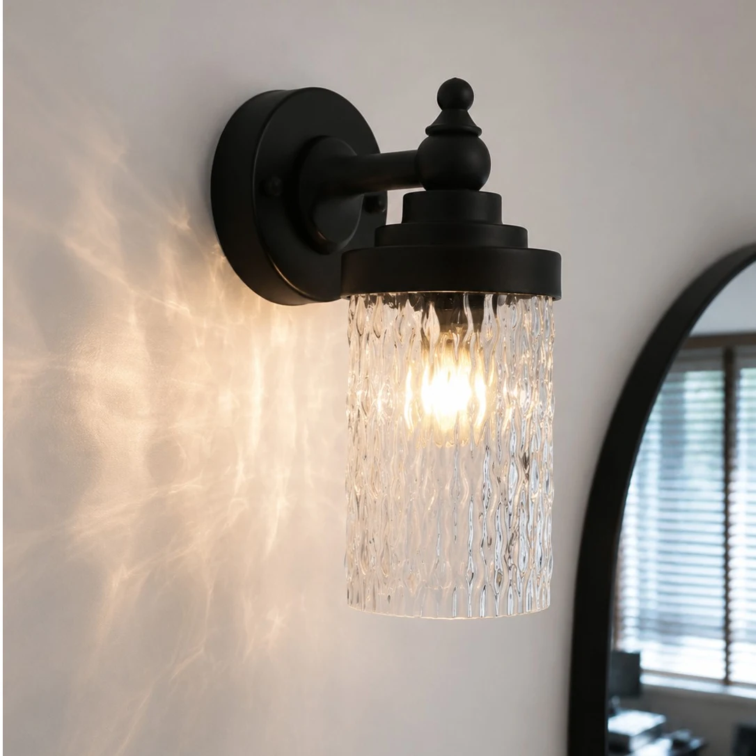 Averra ribbed glass wall light on a protected garden-side wall
