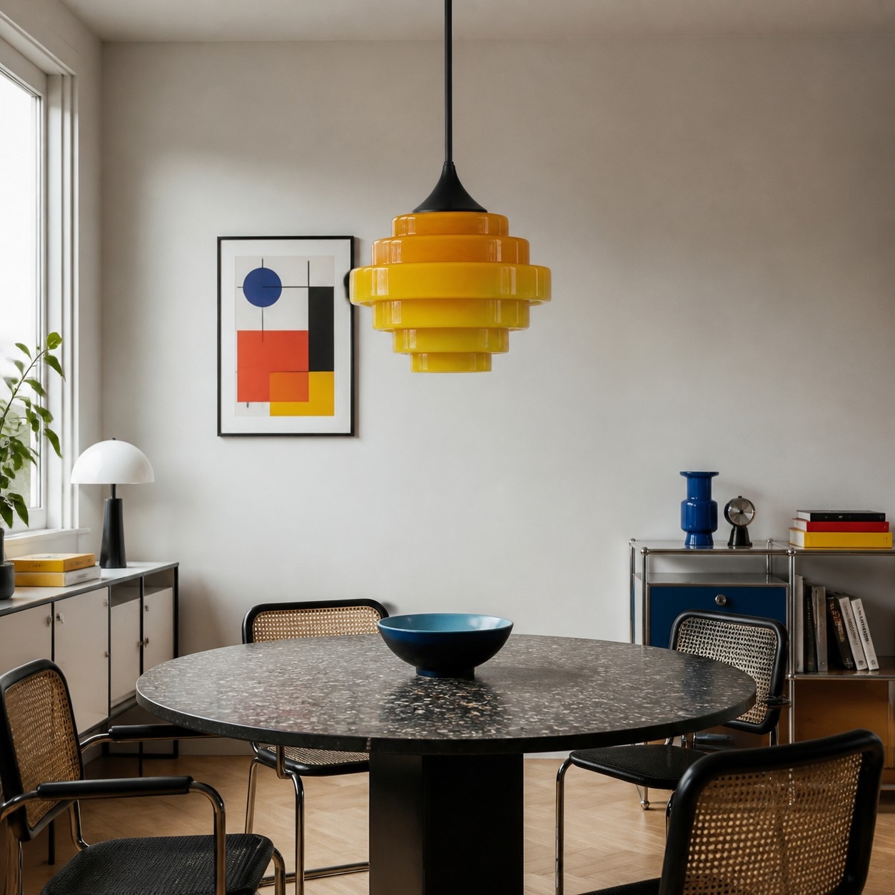 Yellow Sanenos glass pendant light above a dining table