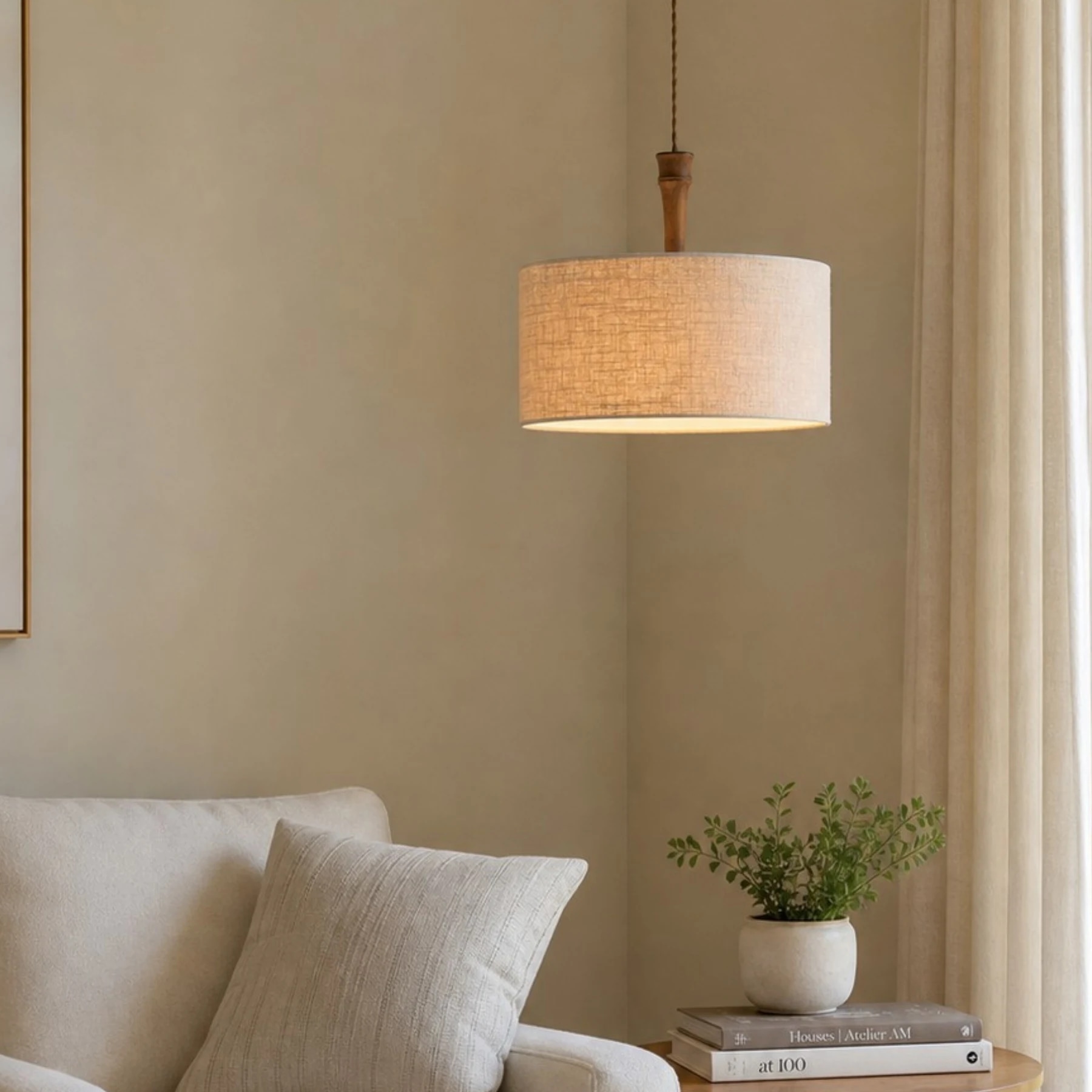 Natural linen drum pendant lamp beside a bed