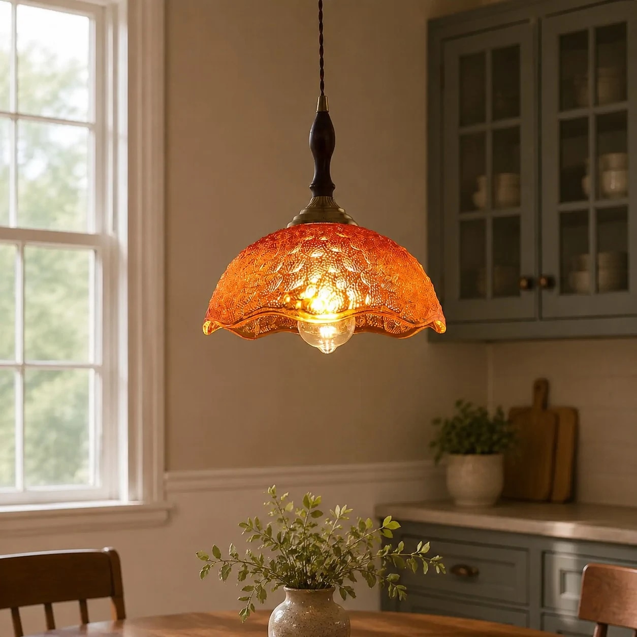 Amber glass shade in kitchen dining space