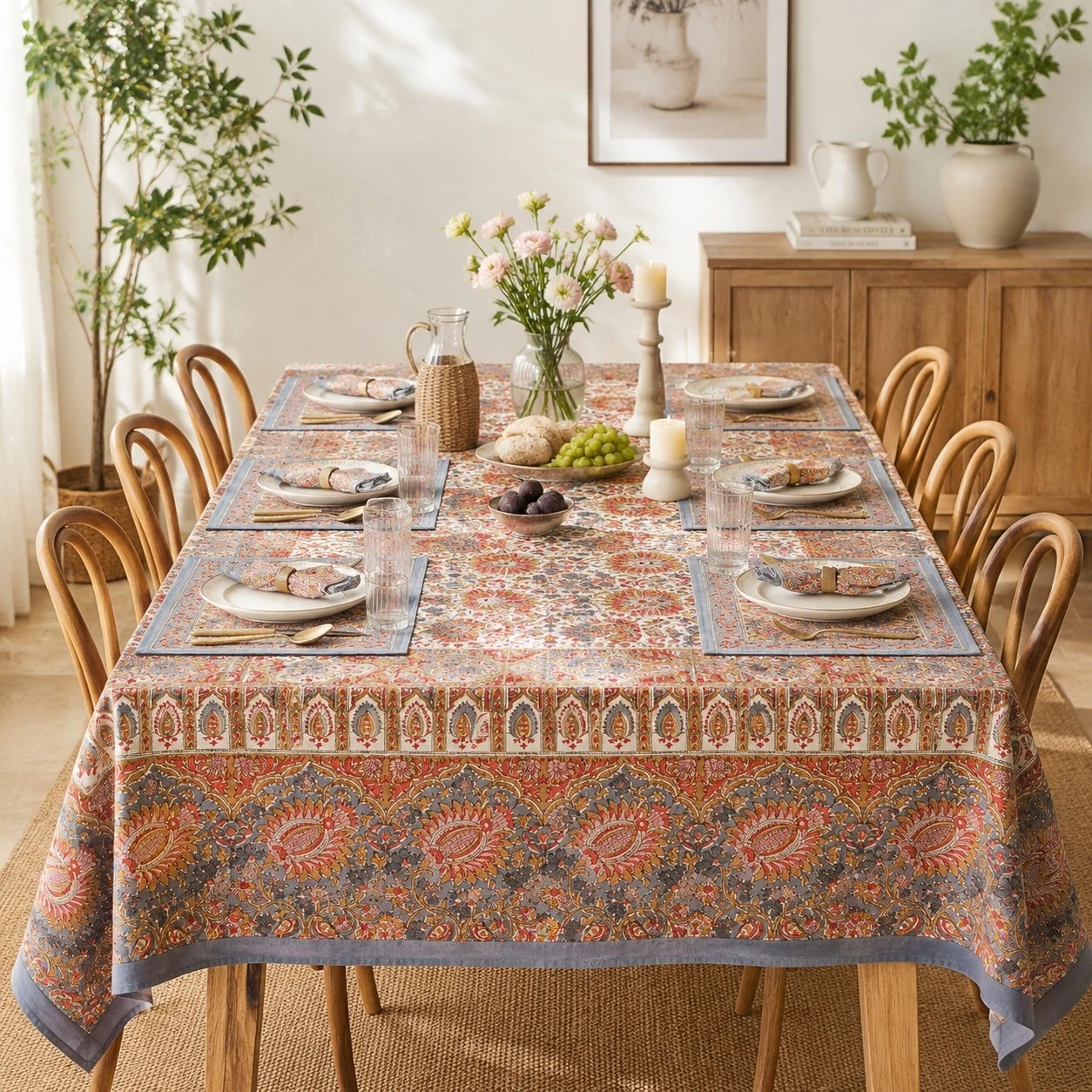 Charcoal paisley floral tablecloth styled in a warm dining room