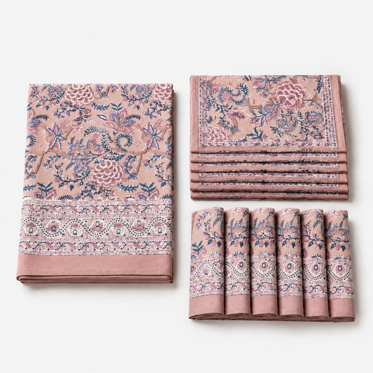 Folded rose mauve paisley floral cotton linen tablecloth set