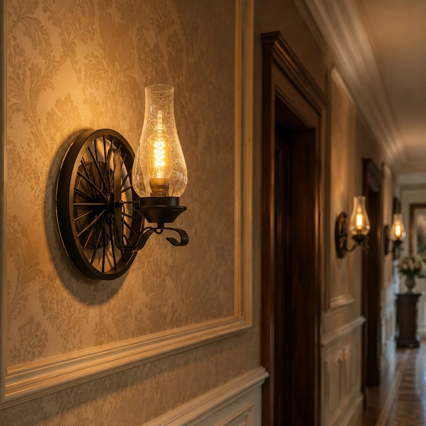 Black two-head wall sconce lighting a paneled hallway