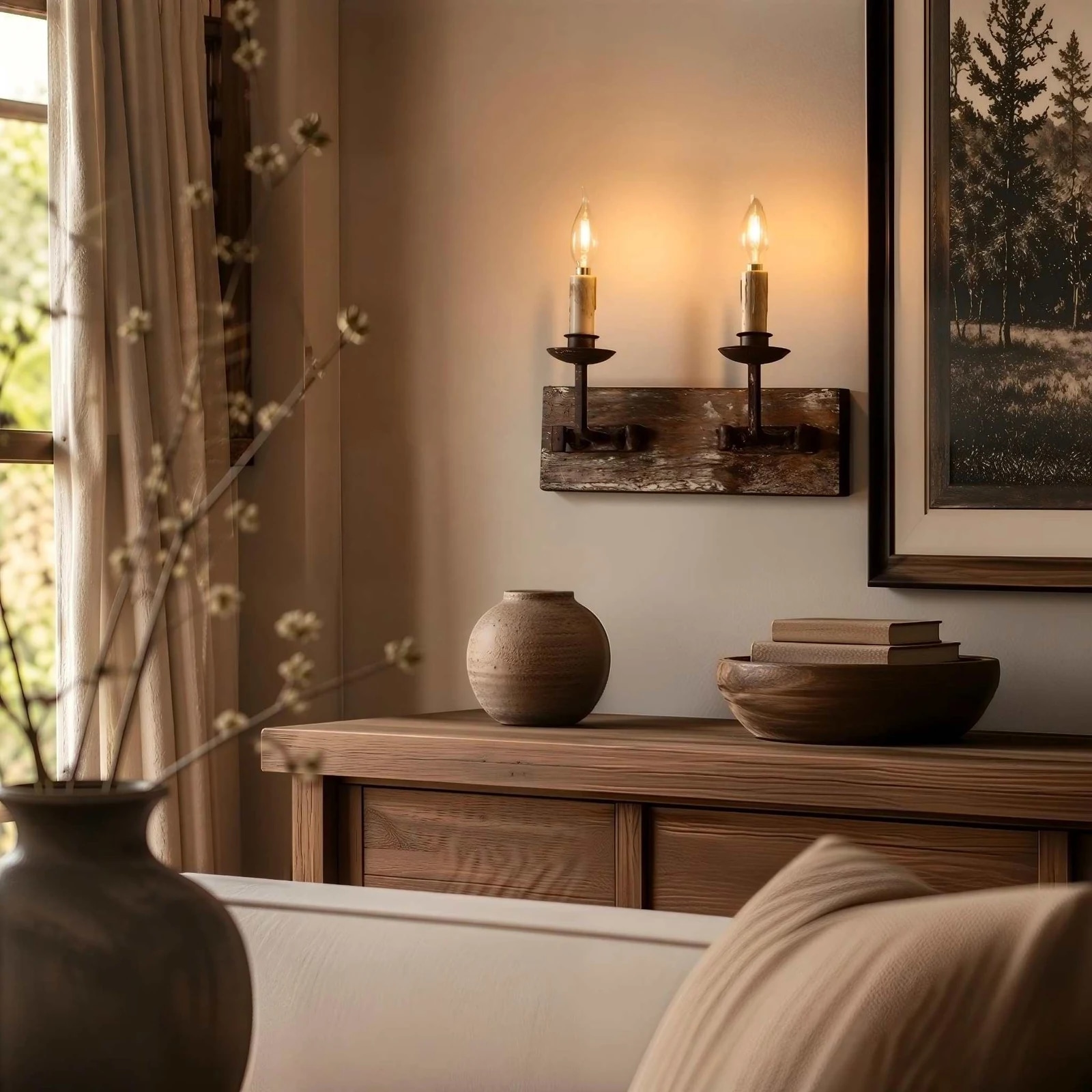 Two light rustic candle wall sconce glowing above a wooden console