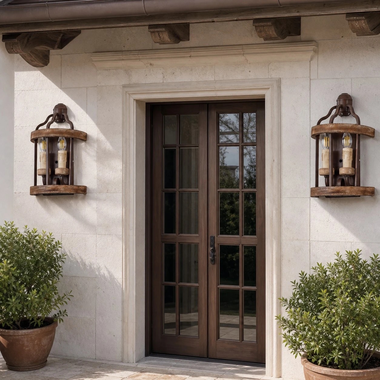 Rustic wall sconces beside an entry door