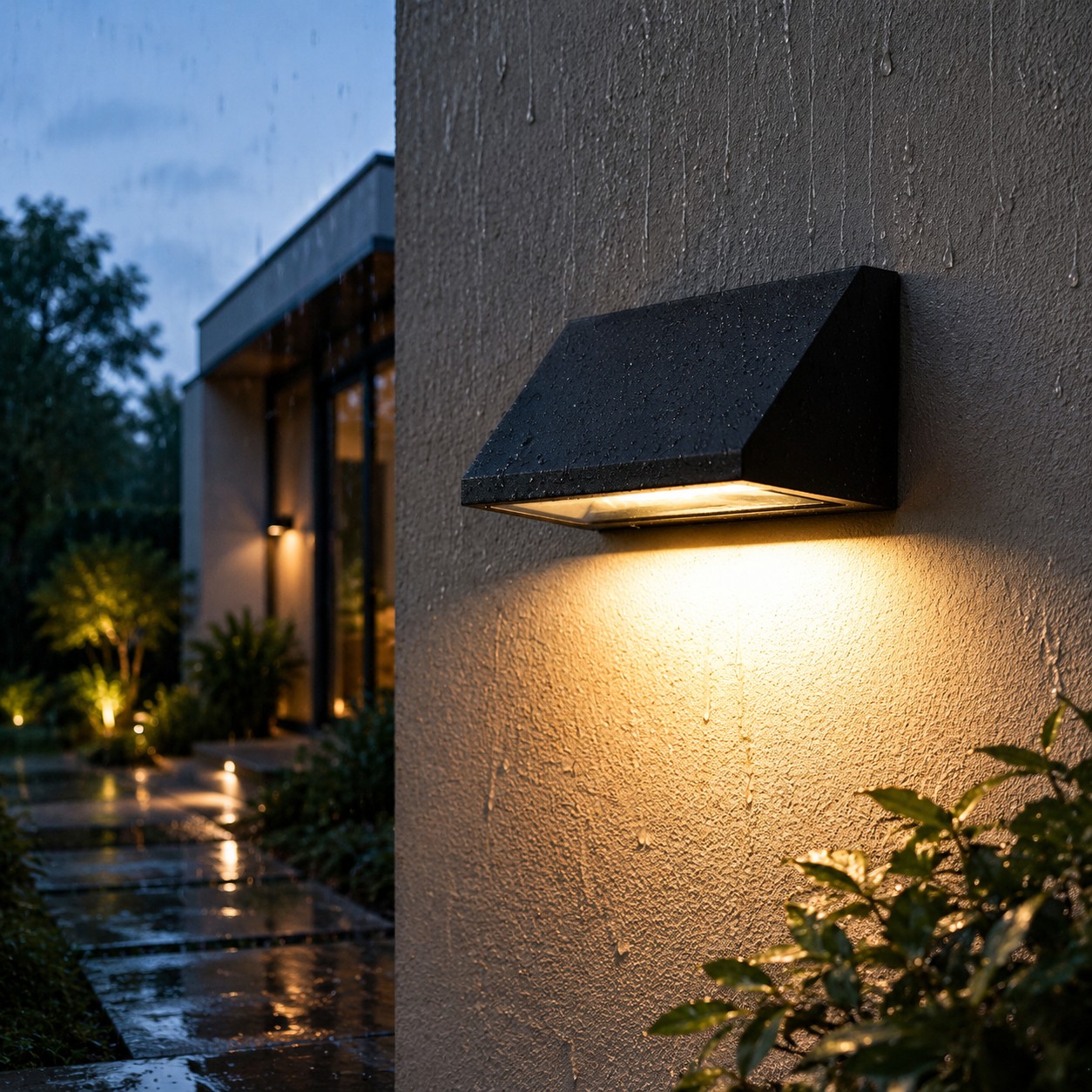 Black sloped outdoor wall light illuminated on a clean background