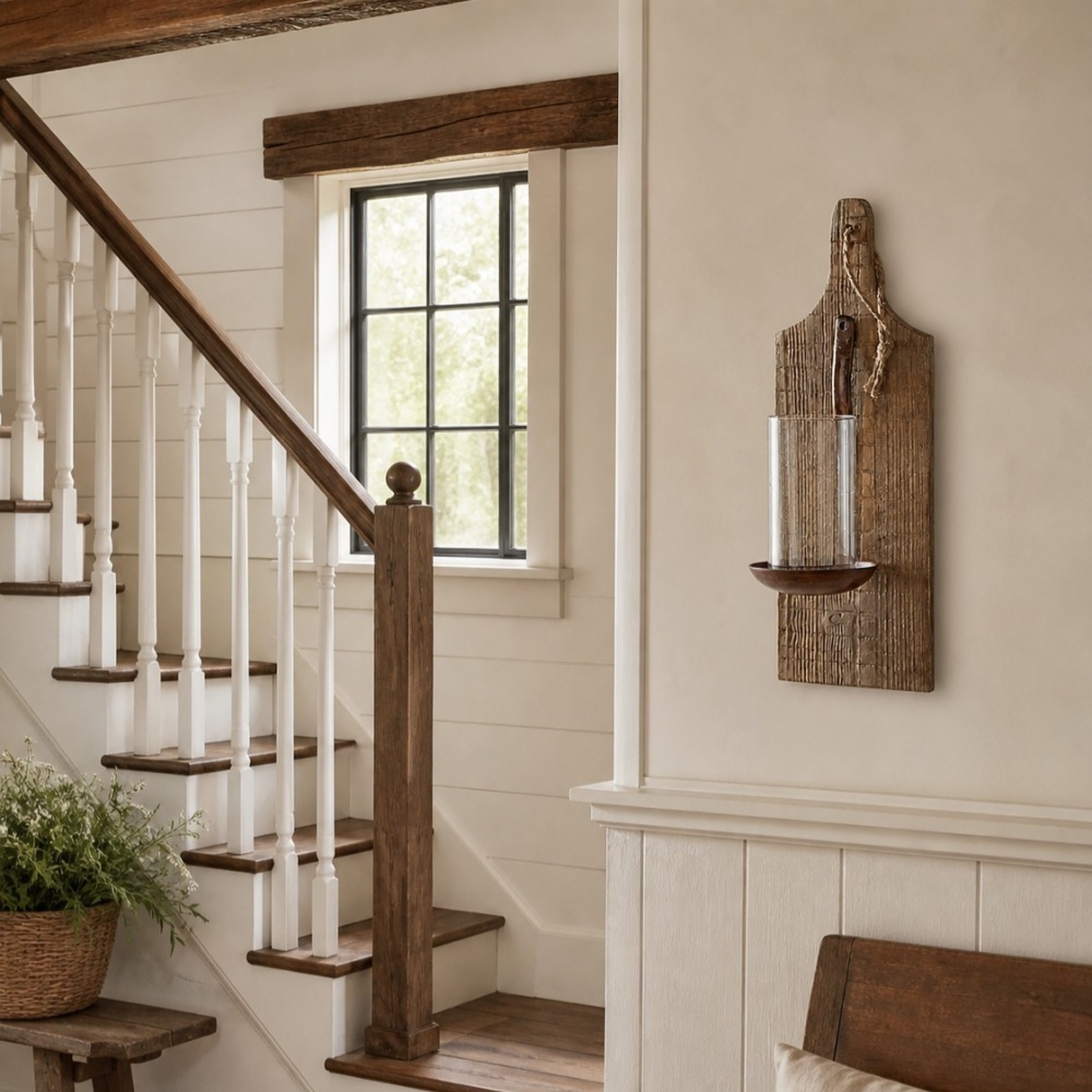 Rustic wooden wall sconce hallway scene