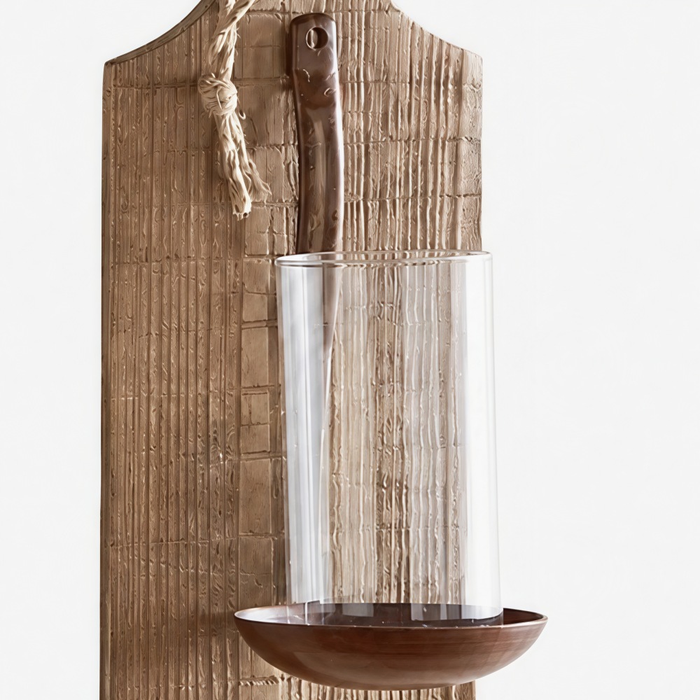 Rustic wooden wall sconce iron holder detail