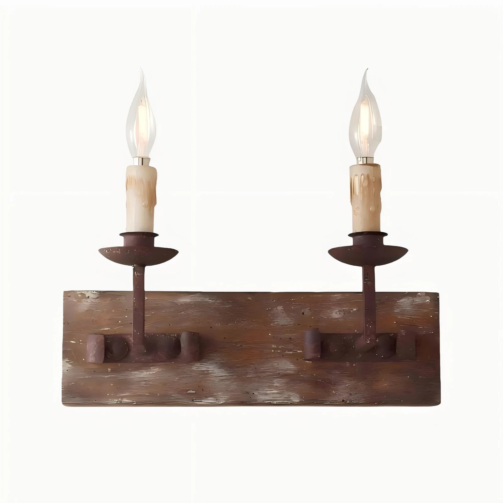 Two light rustic candle wall sconce on a white background