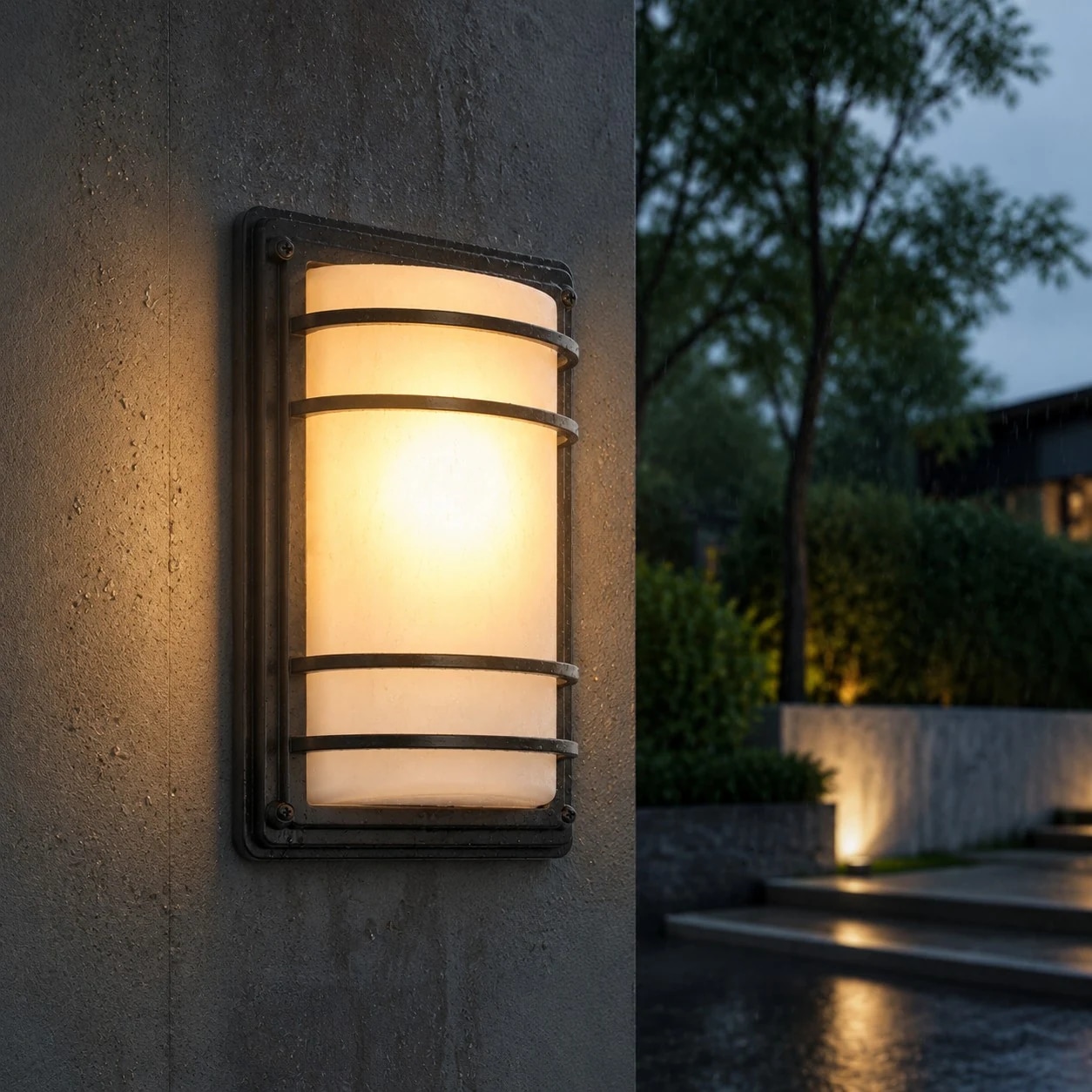 Outdoor wall light glowing on a wet exterior wall