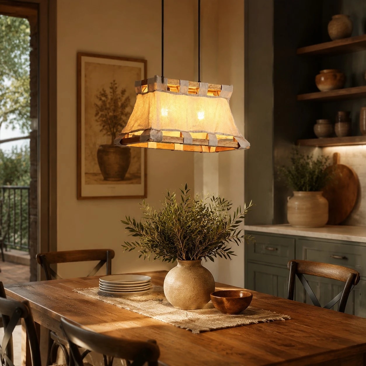 Warm room scene with wood and fabric pendant lamp