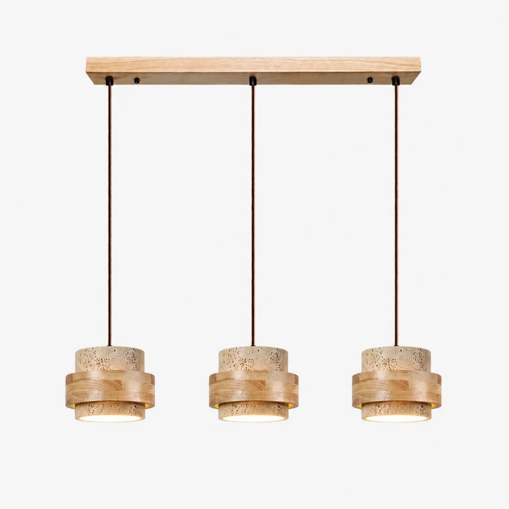 Travertine wood three light linear pendant lamp full view