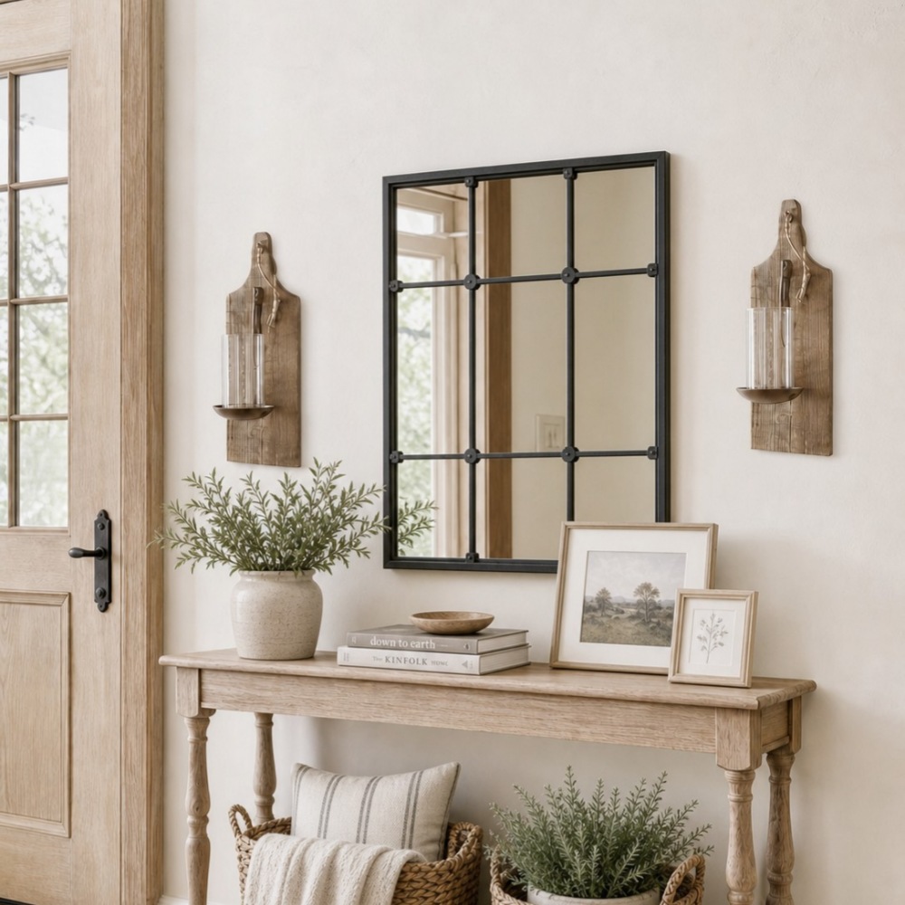 Rustic wooden wall sconce warm room scene