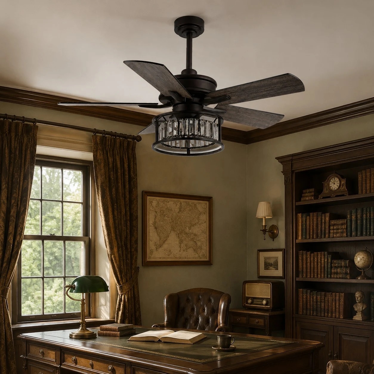Black caged ceiling fan light in a classic library room