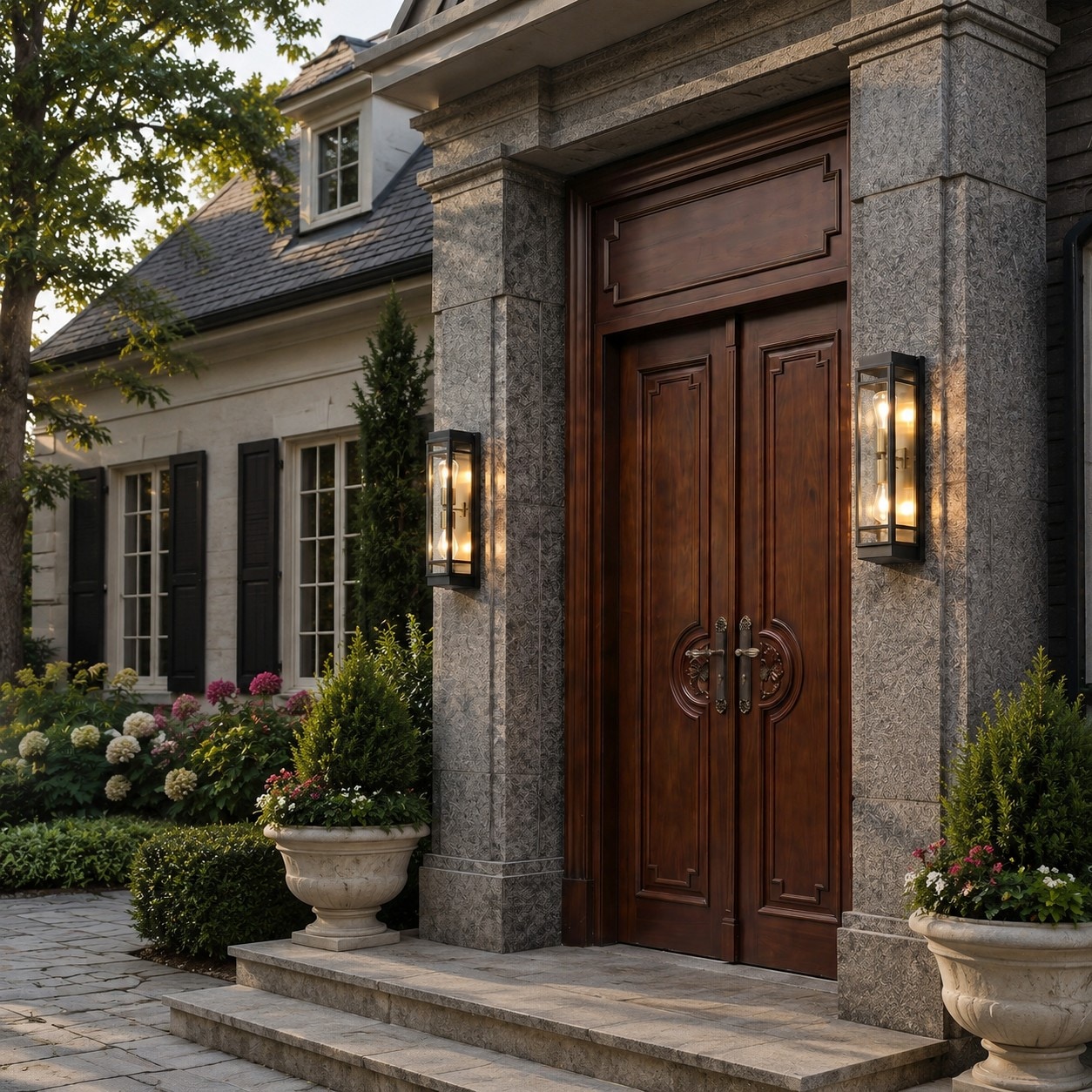 Black glass outdoor wall sconce outdoor installation scene