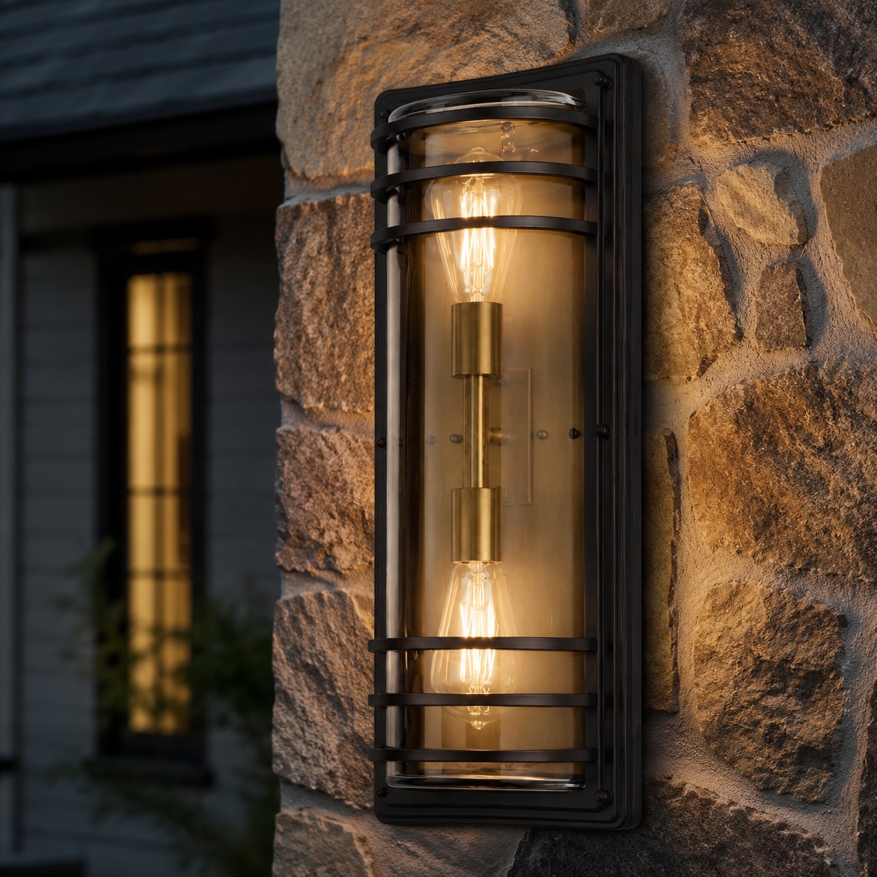 Large bronze glass outdoor wall sconce glowing on a stone wall