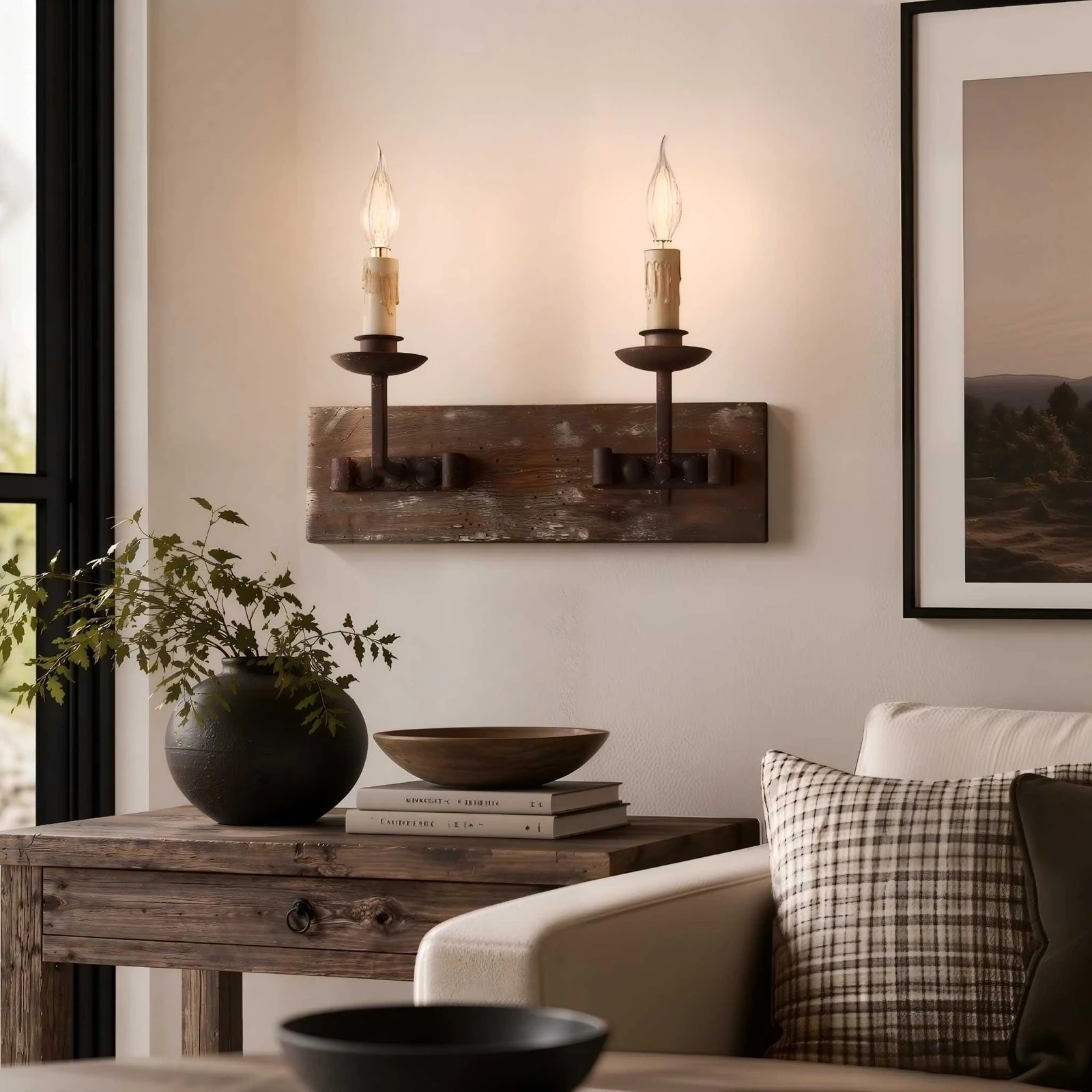 Two light rustic wall sconce installed in a warm country living room