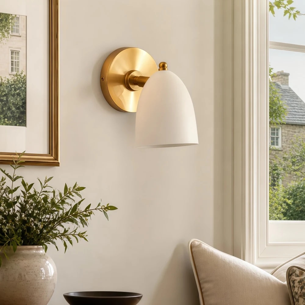 White and gold wall sconce near a window seating area