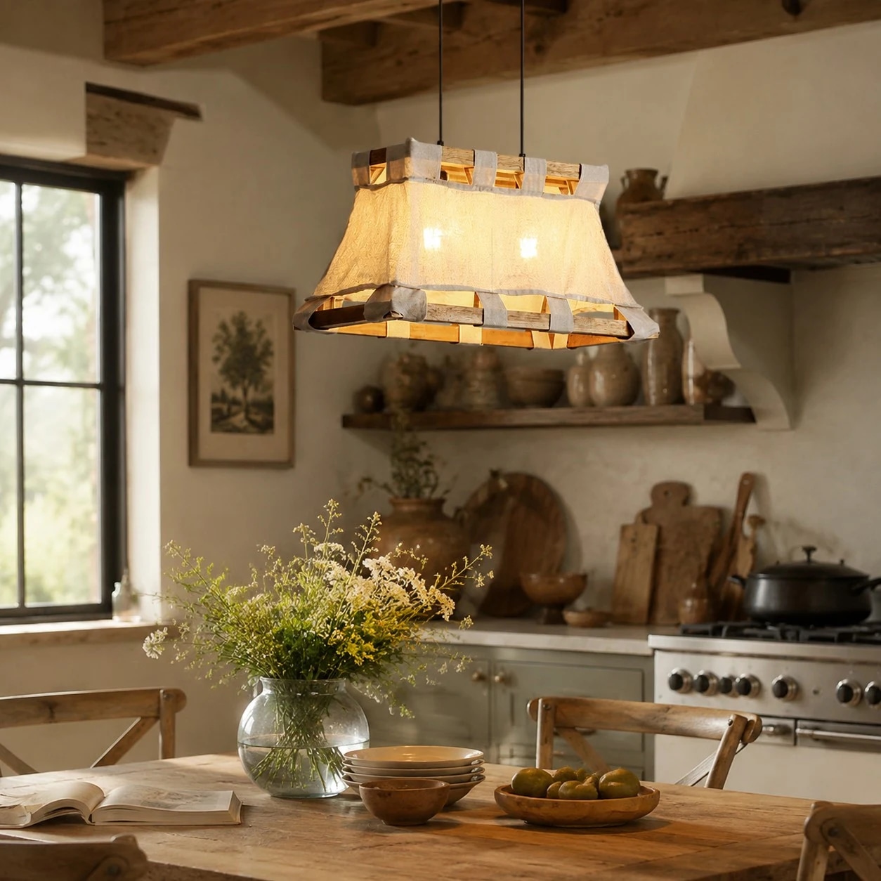 Wood and fabric pendant lamp above dining table