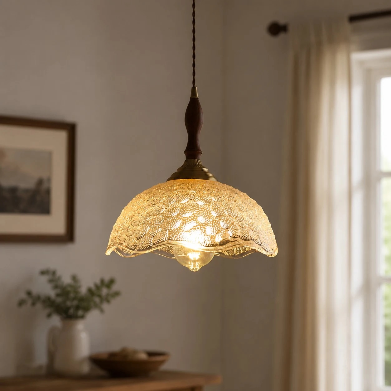 Clear glass pendant in bright interior