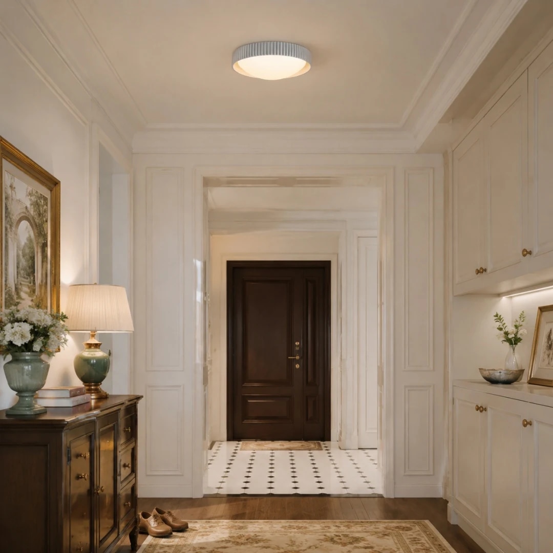 Gray flush mount ceiling light installed in a bright hallway