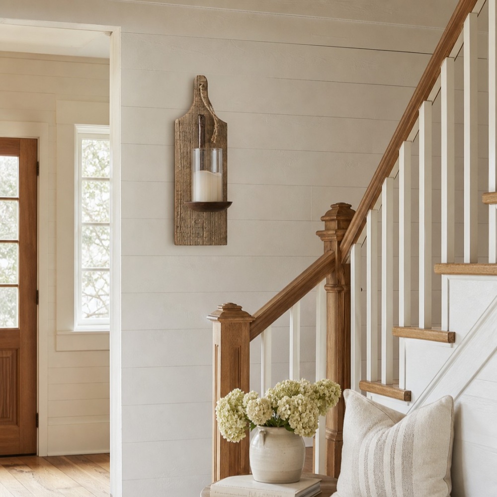 Rustic wooden wall sconce cottage room scene
