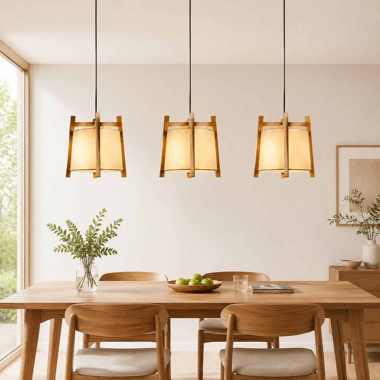 Natural wood fabric pendant lights in a bright dining room