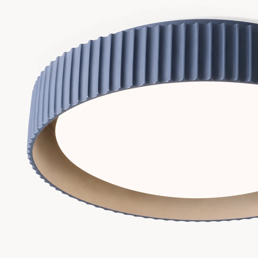 Blue flush mount light angled underside view