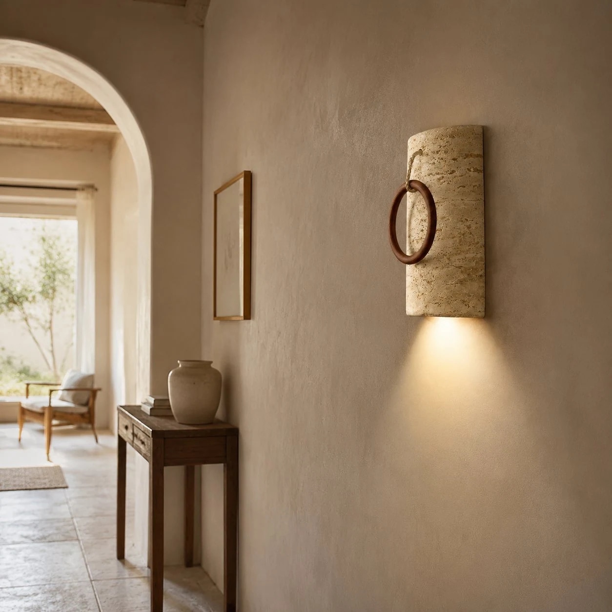 Travertine wood ring wall sconce detail