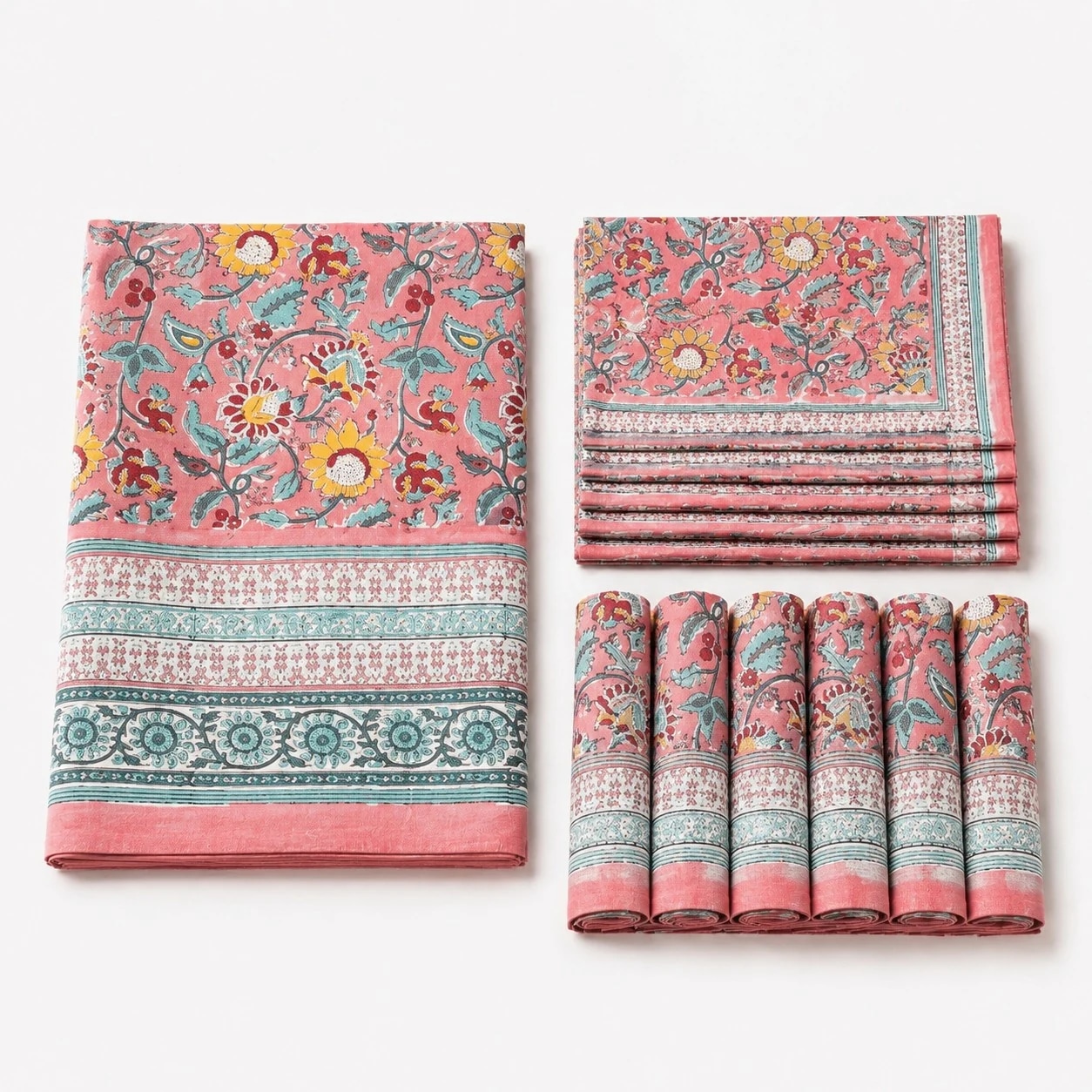 Folded pink garden border floral cotton linen tablecloth set