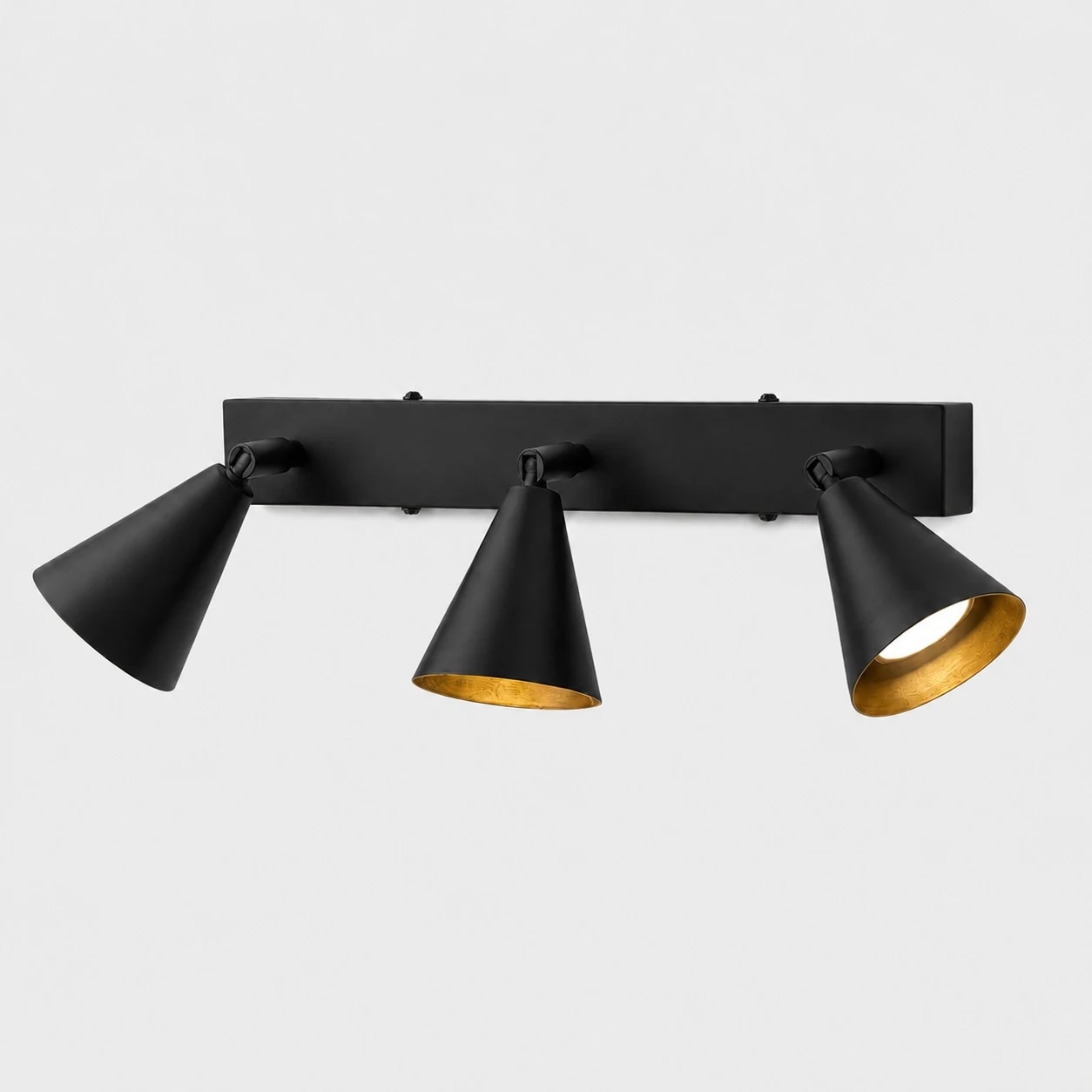 Three-head black adjustable cone wall lamp on linear backplate