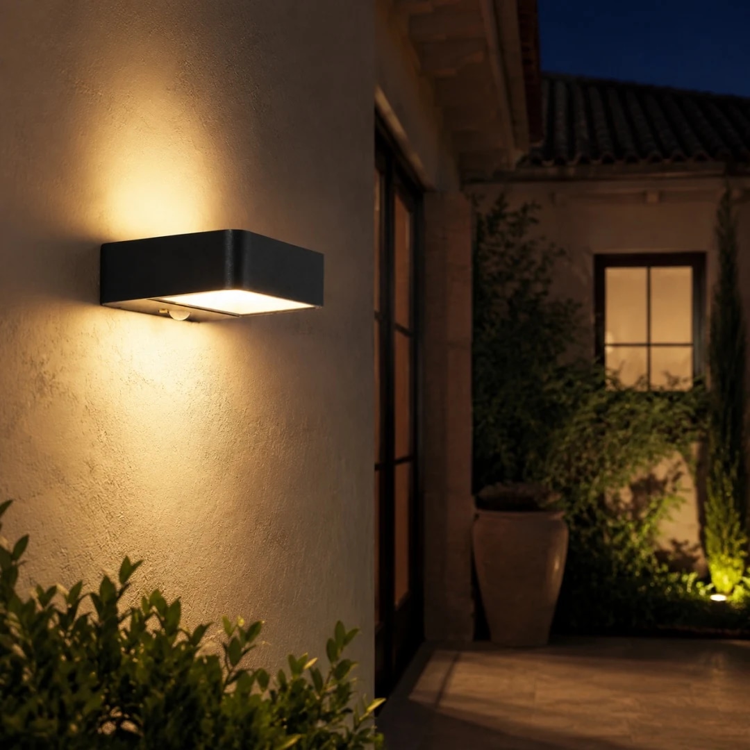 Style A outdoor wall lamp casting warm light on an exterior wall