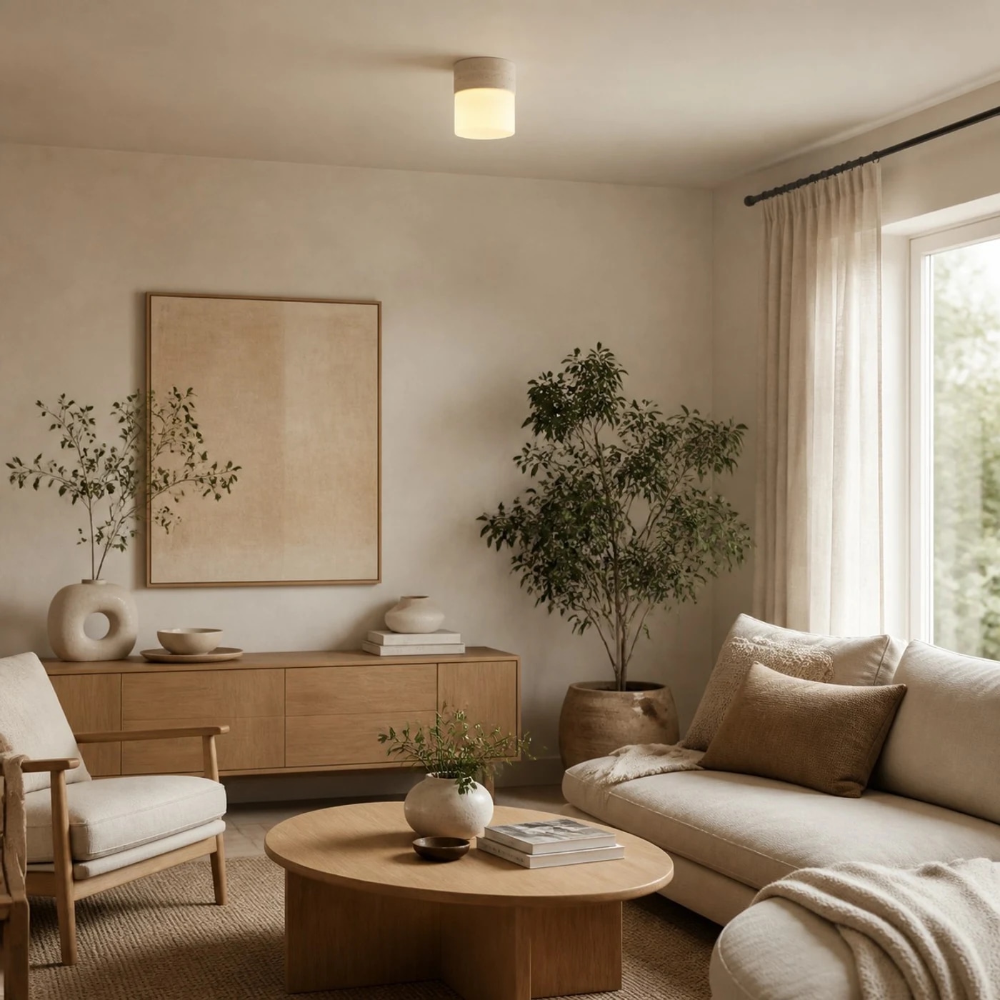 Natural stone ceiling light above a console and seating corner