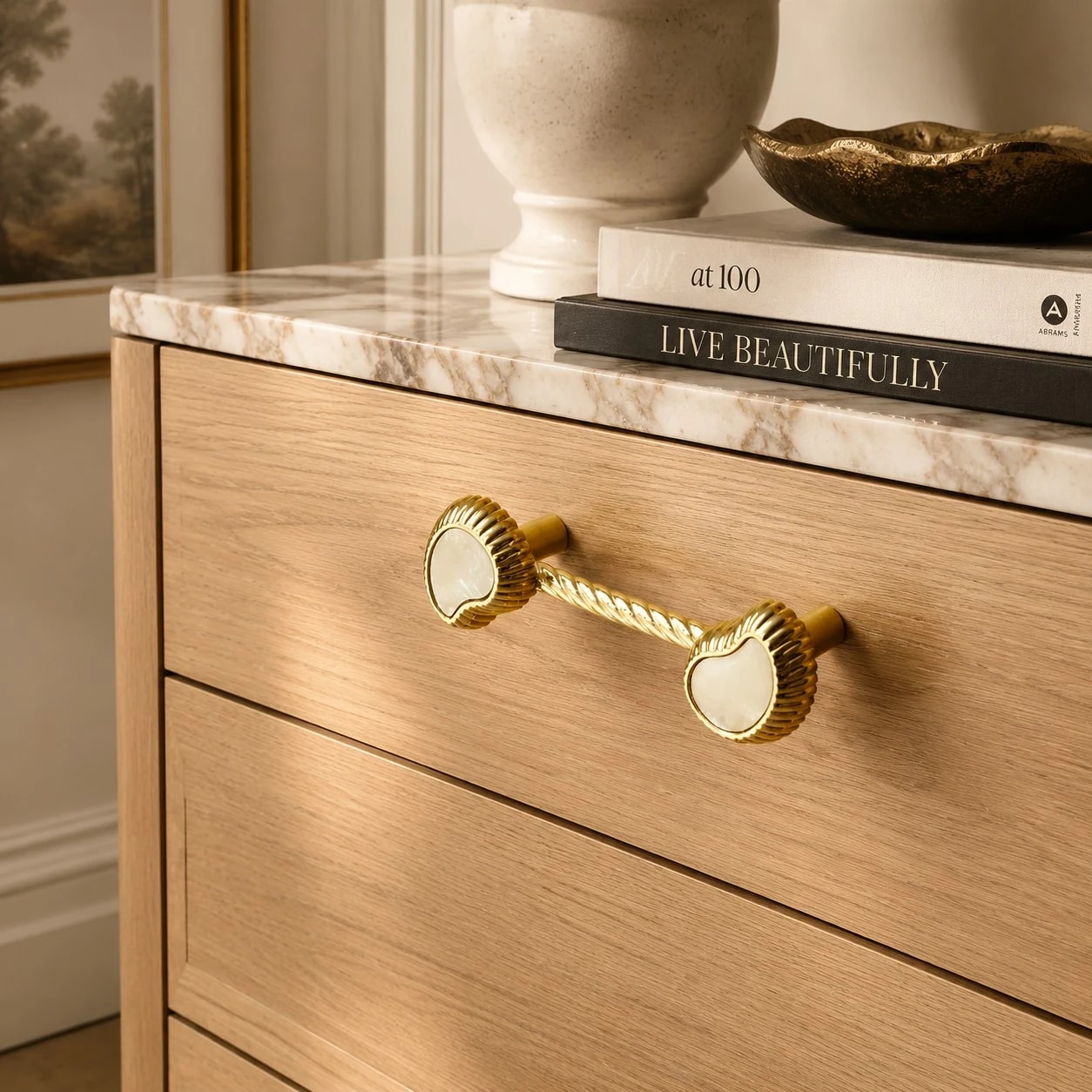 French Vintage Cashew Shell Brass Cabinet Knobs and Pulls - image 27