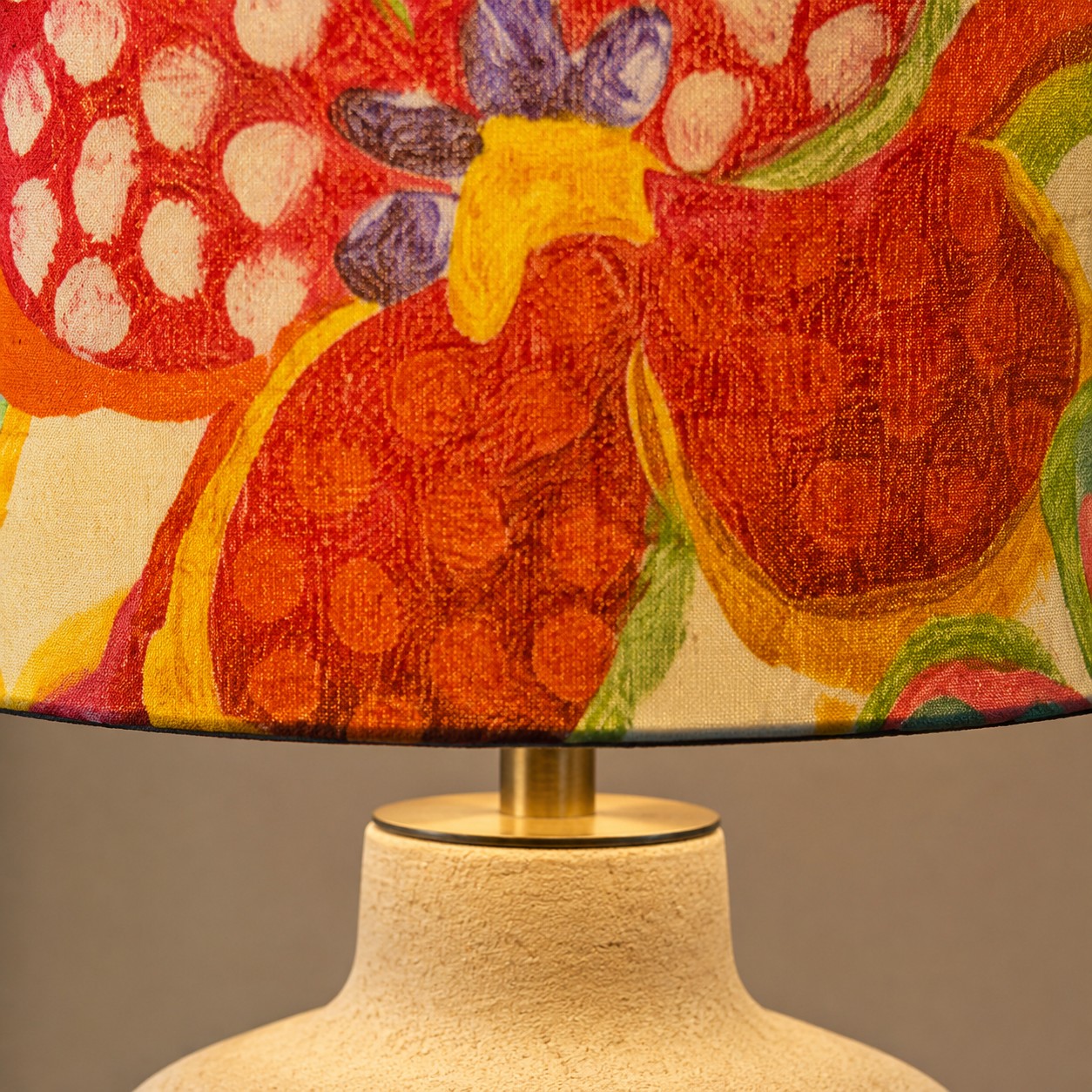 Close-up of the floral shade and ceramic lamp neck