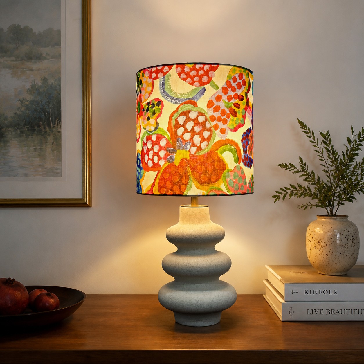 Sculptural ceramic table lamp in a warm room setting