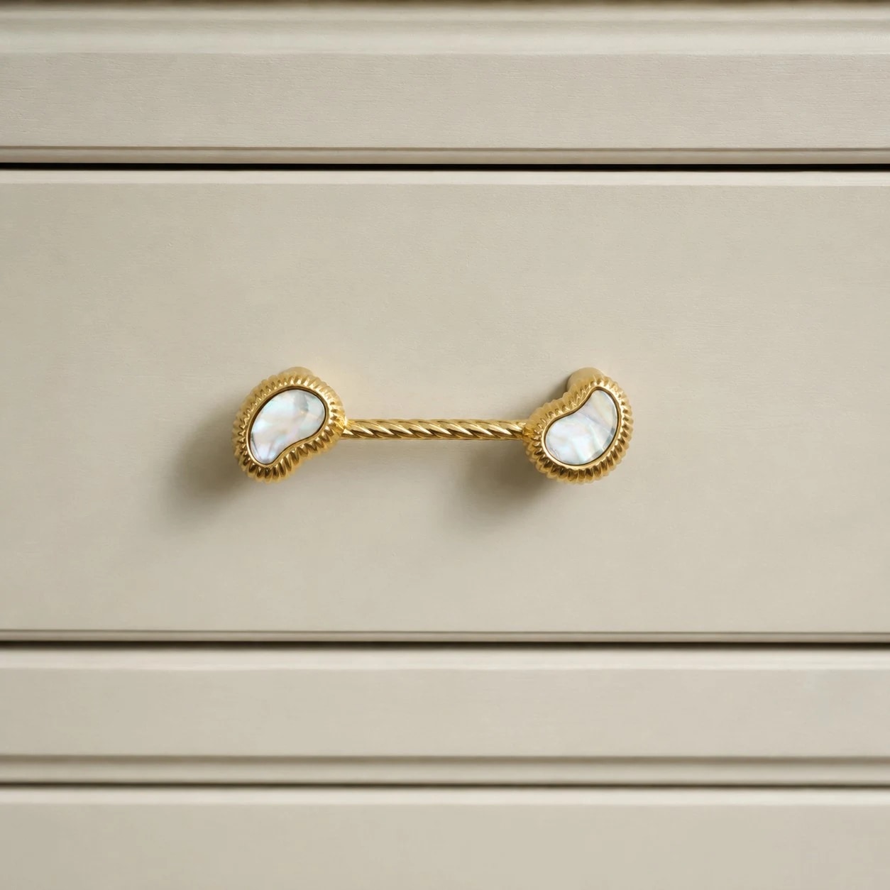 French Vintage Cashew Shell Brass Cabinet Knobs and Pulls - image 11