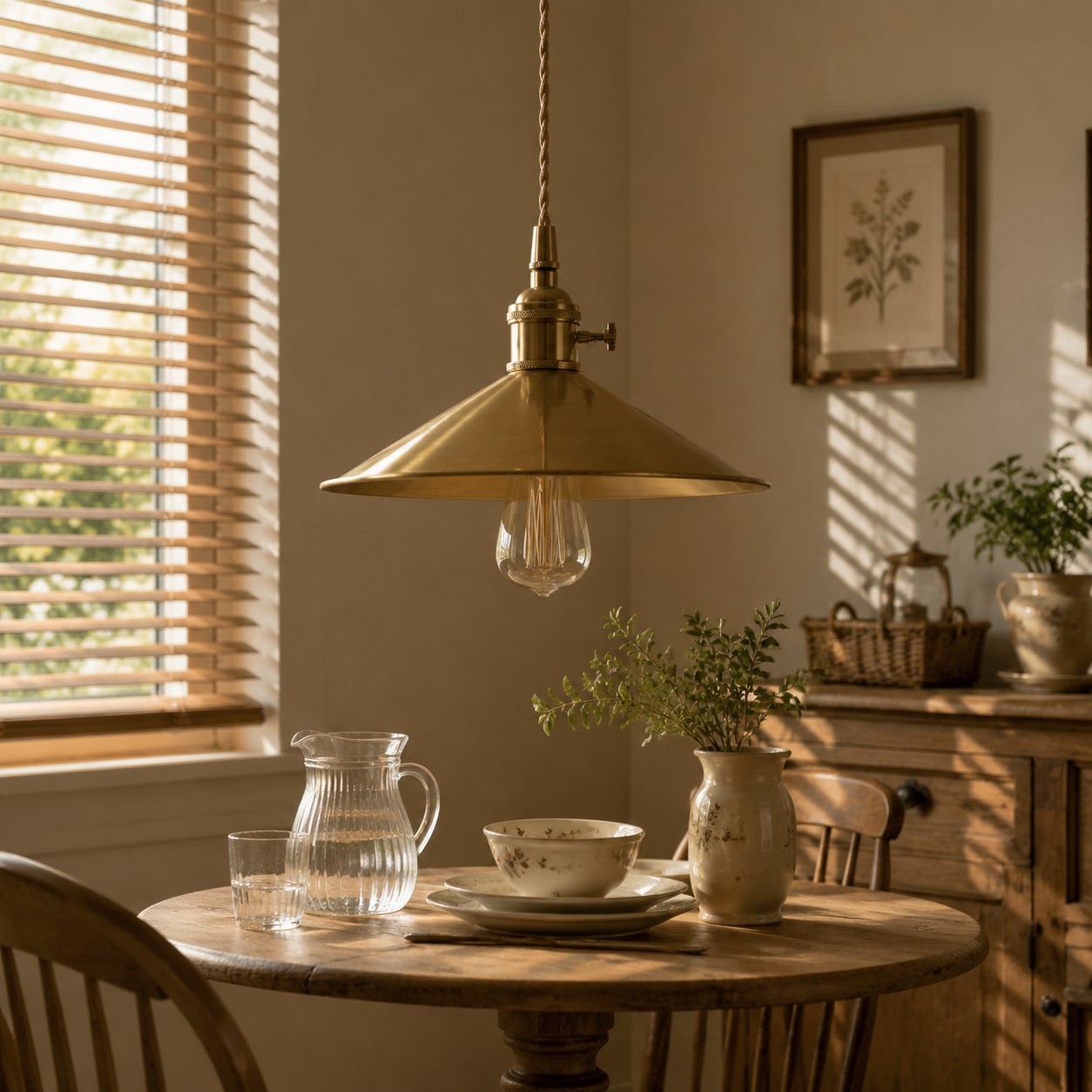Wide disc copper pendant light above a dining table