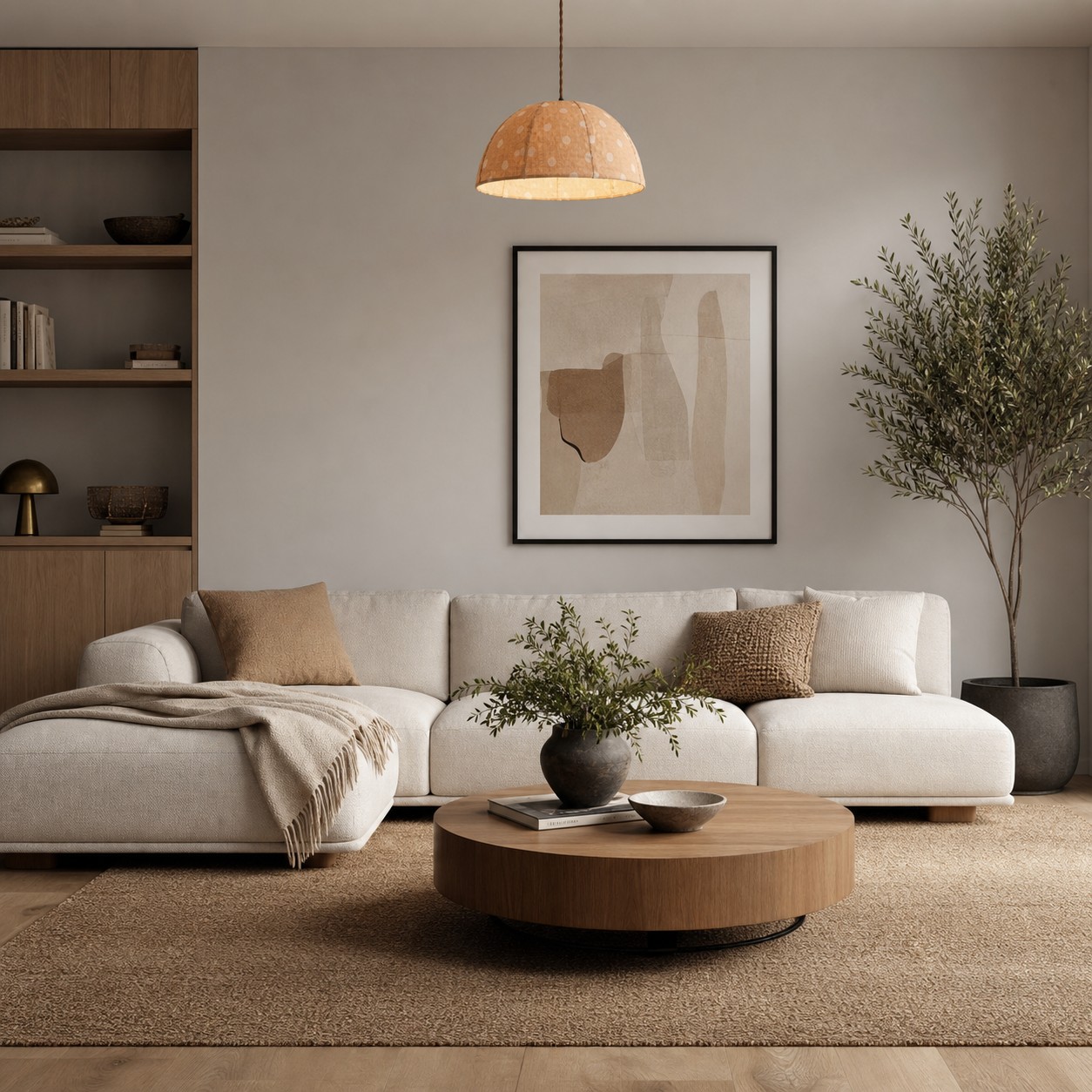 Polka dot linen pendant light in a calm neutral living room