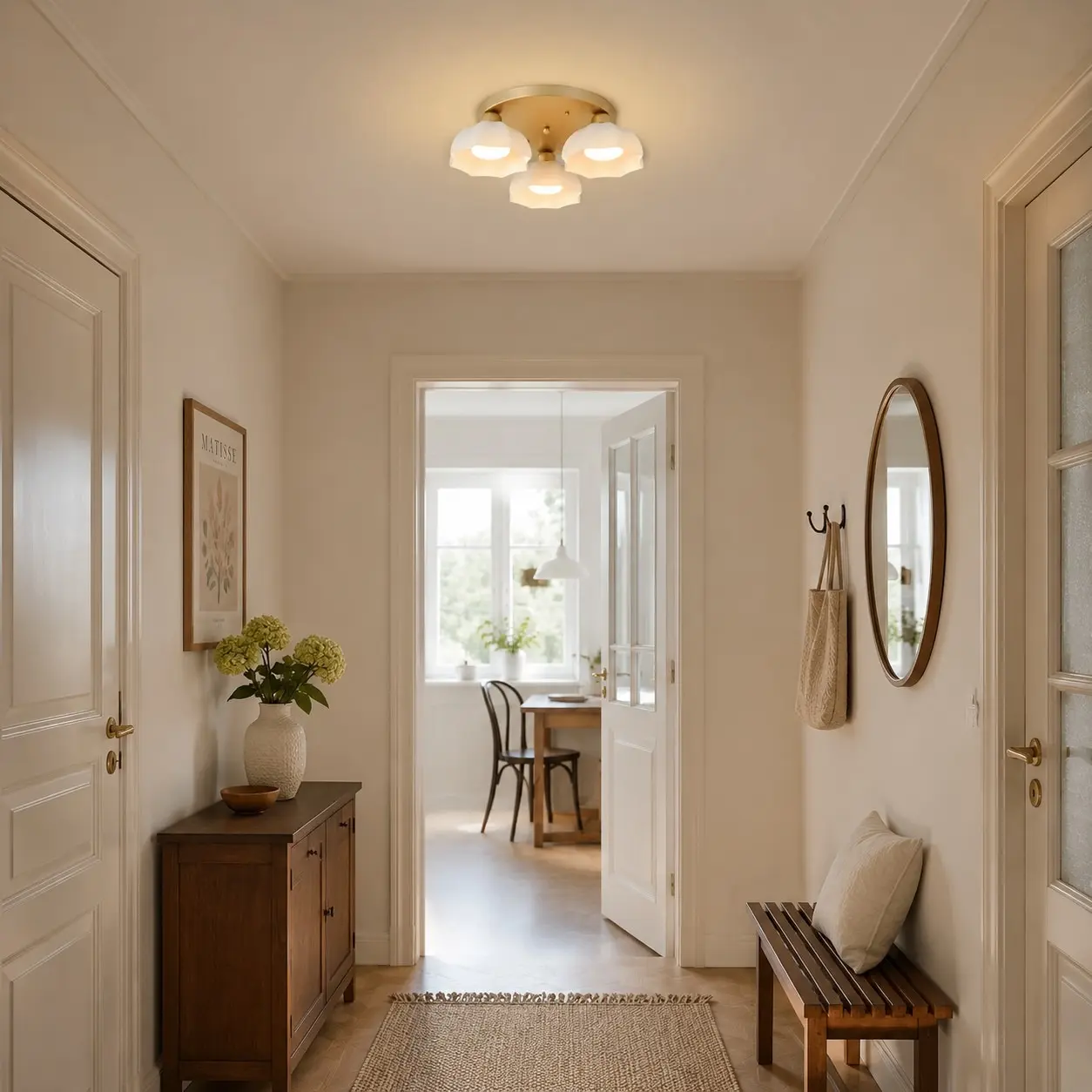 Gold and white glass ceiling light in a hallway