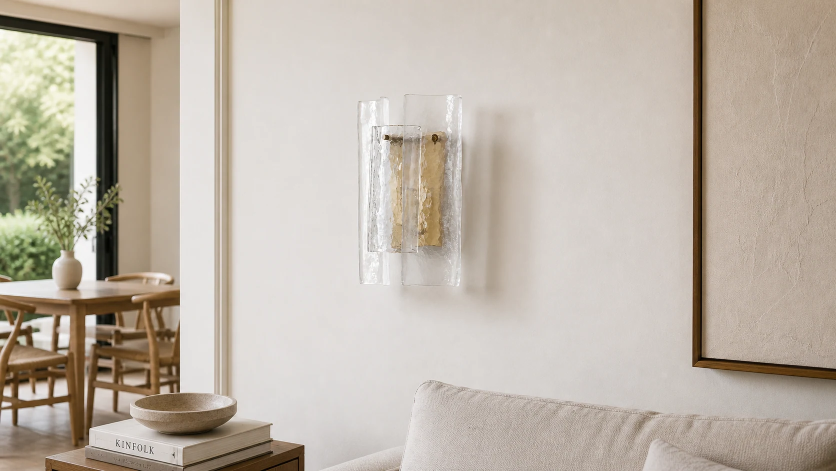 Pazo layered textured glass wall light in a warm interior scene