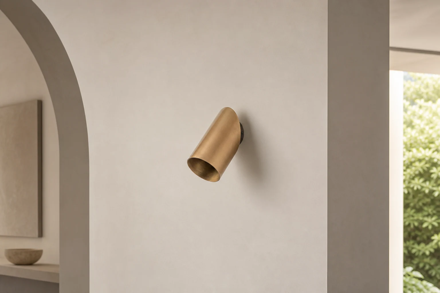 Guilla brass angled cylinder spotlight in a lifestyle wall-lighting scene