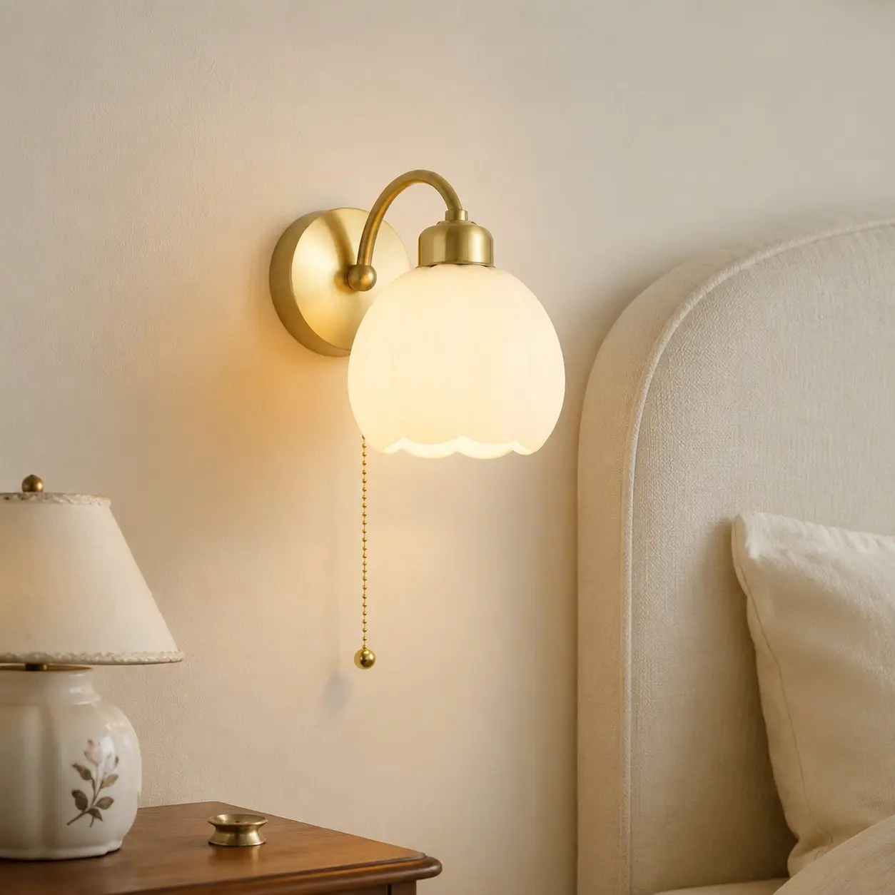 Milk glass flower wall lamp in a calm bedside setting