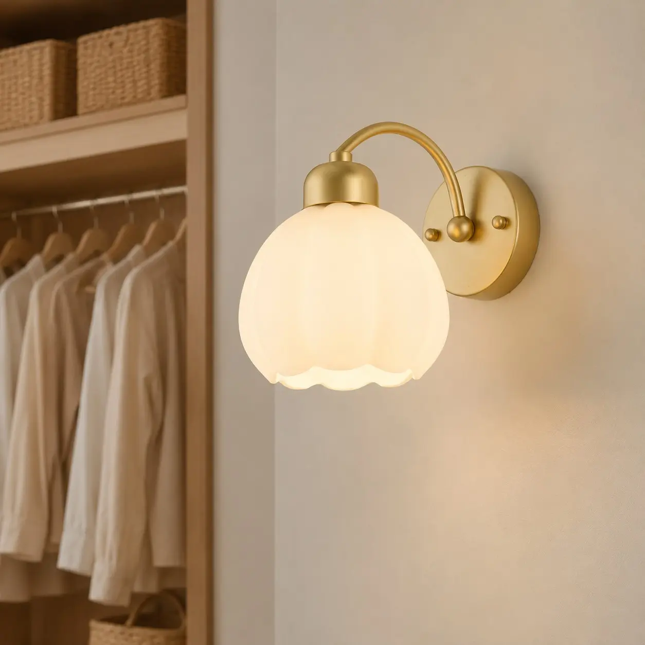Milk glass flower wall lamp in an elegant dressing area